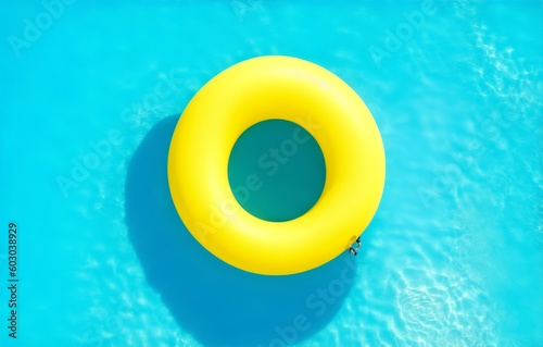 yellow swimming pool ring float in blue water top down view. concept color summer, generative ai