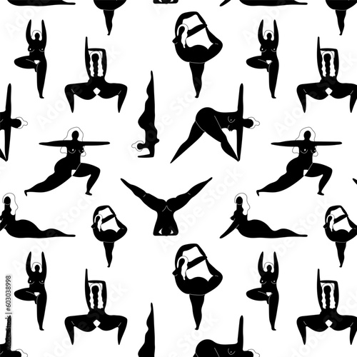 Seamless pattern with Figurine naked young women performing yoga. Female cartoon character demonstrating yoga positions isolated on light background.