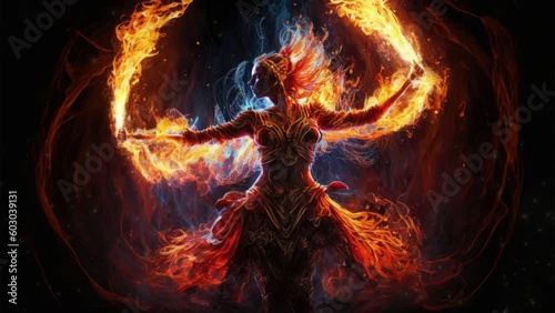 Woman with fire dance. Generative AI photo