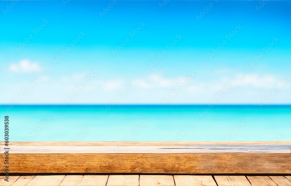 Fototapeta premium Wood table top on blur sparkling sea water and summer sky background, generative ai