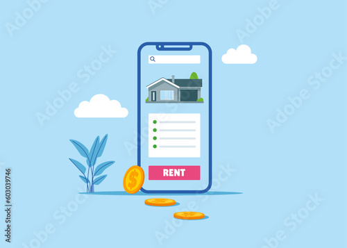 Mobile smart phone with –  Buy real estate and pay credit to bank app. Modern vector illustration in flat style