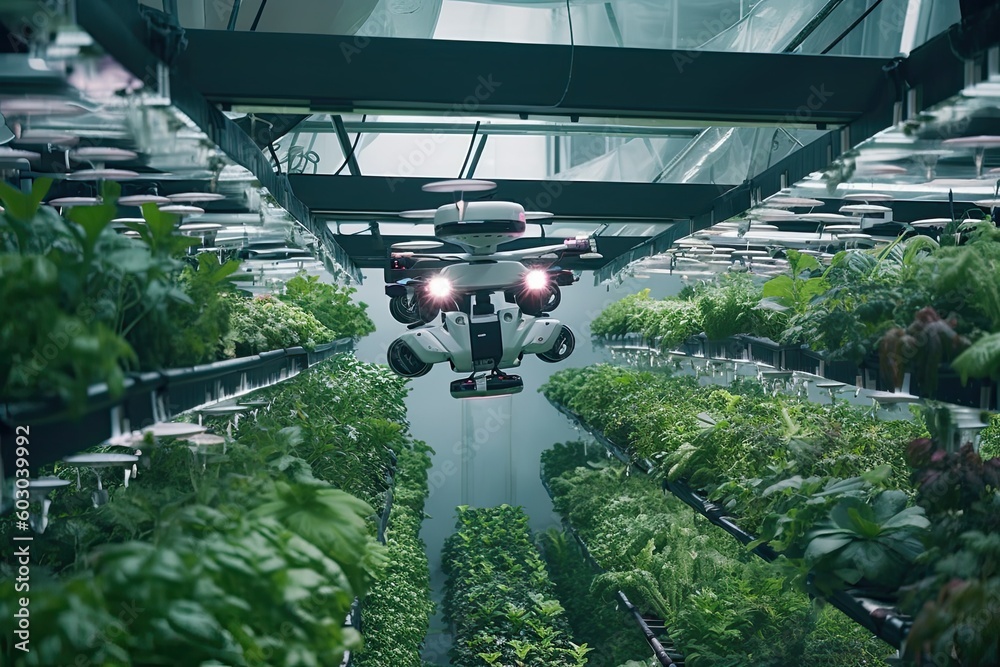 AI drone monitoring vertical farming crops, Sustainable modern hydroponics farming zero carbon emissions 2050, Generative AI
