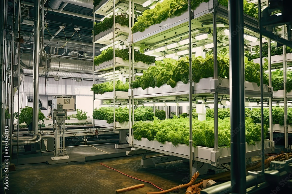 Modern Vertical farming facility, hydroponics aquaponics sustainable organic farming, Generative AI