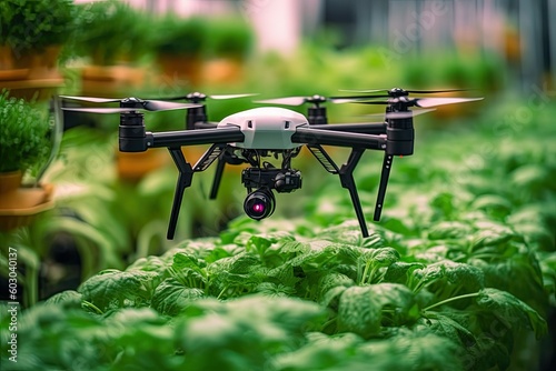 AI drone monitoring vertical farming crops, Sustainable modern hydroponics farming zero carbon emissions 2050, Generative AI