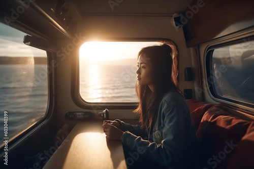Travel concept. Asian young woman looking at the sea from a camper van window. Summer sunset view. Generative AI