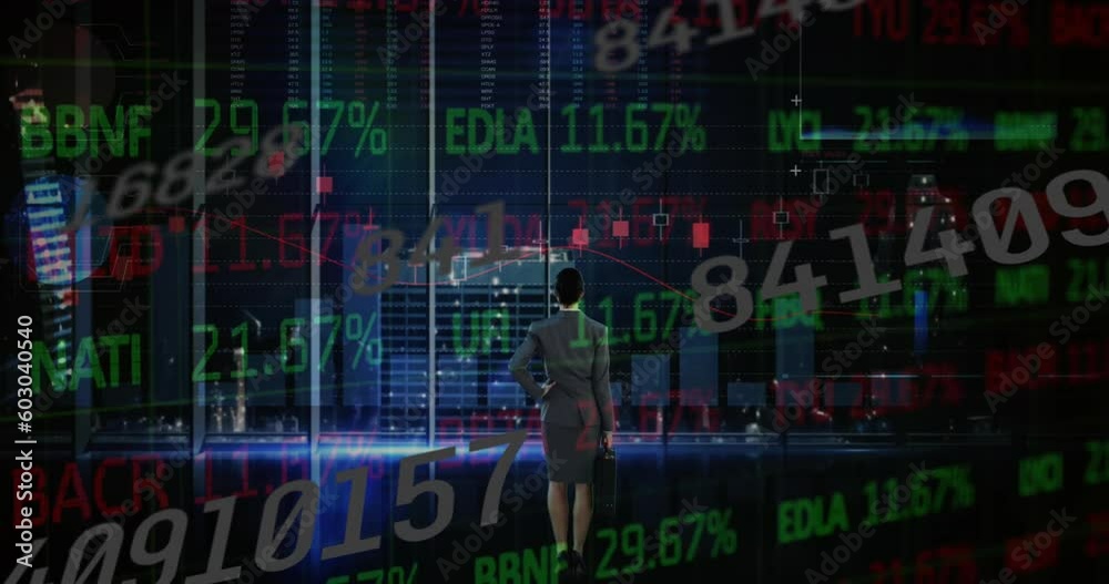 Animation of financial data processing over caucasian businesswoman Animation of financial data processing over caucasian businesswoman