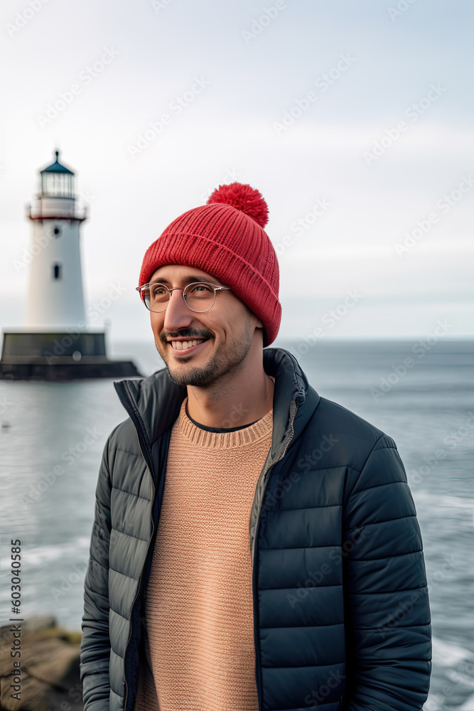 Traveler on background of lighthouse by sea. Portrait of a bearded scientist man with Lighthouse Generative AI