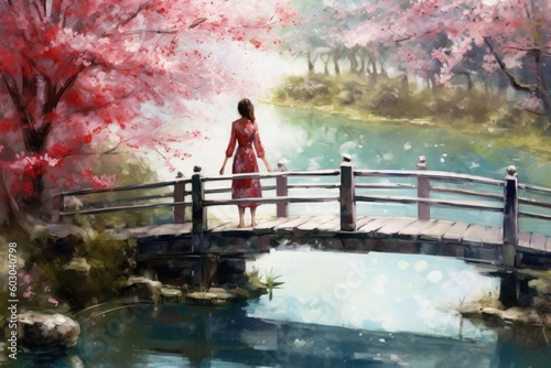 watercolor woman on a bridge