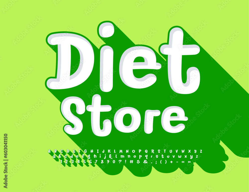 Fototapeta premium Vector healthy concept Diet Store. Handwritten 3D Font. Creative style White and Green Alphabet Letters, Numbers and Symbols set