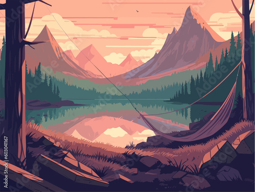 Mountains Landscape with river and wooden cabin