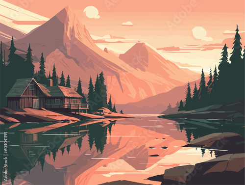 Mountains Landscape with river and wooden cabin