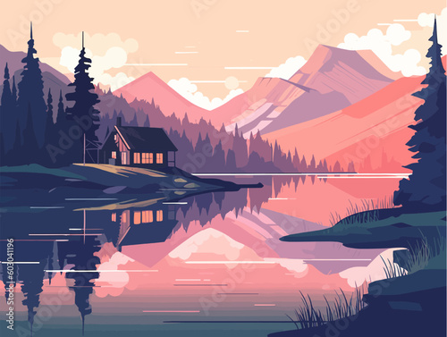 Mountains Landscape with river and wooden cabin