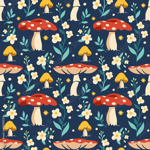 Retro groovy cottagecore seamless pattern with mushrooms, herbs and flowers.Bloom concept with agaric, amanita, daisy. Tile illustration for fabric, paper.Vintage fun 60s, 70s style background