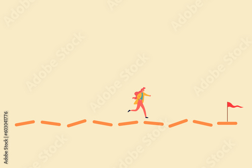 Business woman walking with challenge line. concept of Career path obstacle, business problem or risk