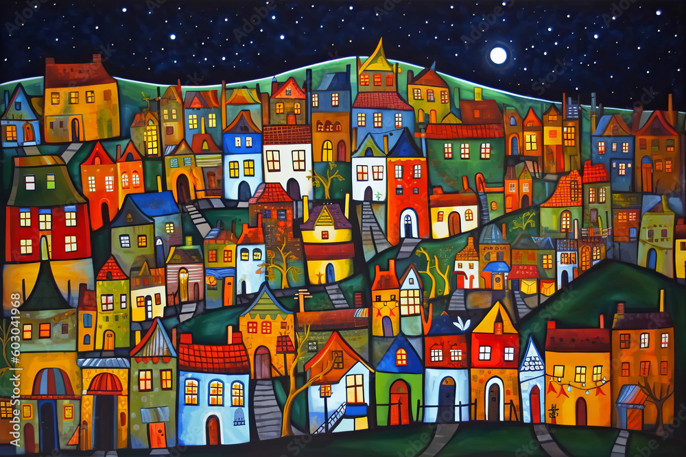 Picture of many multicolored houses in the night