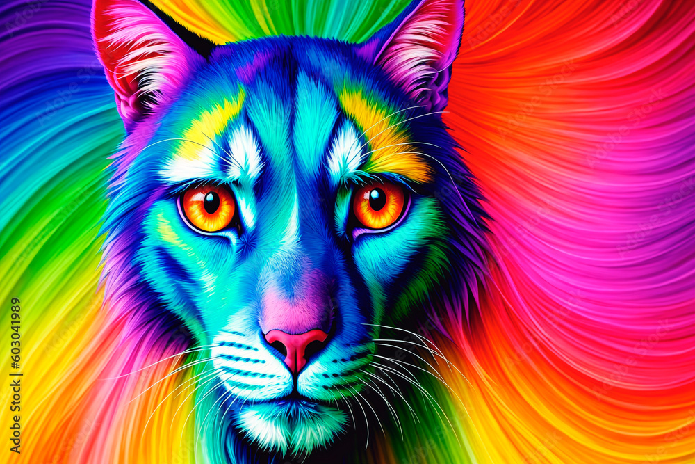Colorful tiger on rainbow background. Generative AI.