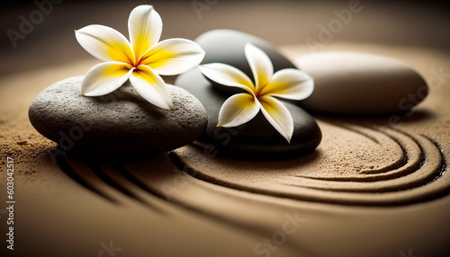 Zen Stones with lines on spa sand and plumeria flower harmony concept. Generative AI,