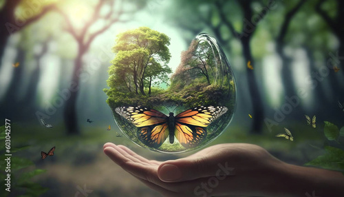 man-holds-in-his-hands-a-ball-of-butterflies-nature-generative-ai