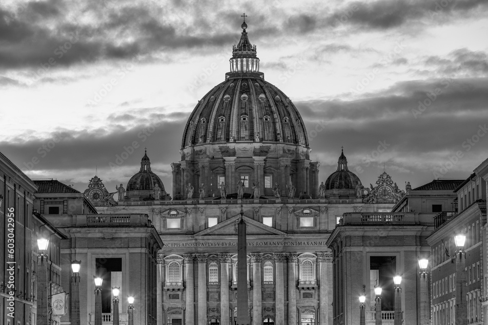 Black and white Saint Peter's Basilica in Vatican City and Ponte Vittorio Emanuele II bridge at night with moon. Rome Italy Europe