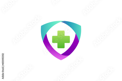 Shield and medical cross symbol creative logo design concept