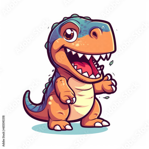 Fun sticker baby dinosaur isolated on white background. Orange dino smiling  funny animal sticker cut-out. Generative AI flat illustration imitation.