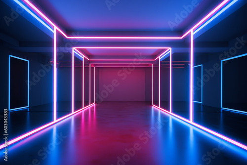 blue and pink neon lines in the room background. generative AI