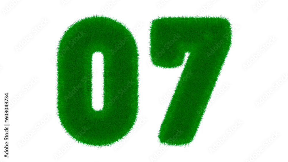 Number 07 from natural green font in the form of grass on an isolated white background. 3d render illustration. Number 07 from natural green font in the form of grass on an isolated white background. 3d render illustration.