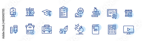 School related icons. Subjects, backpack, graduation cap and lunch. Pixel perfect, editable stroke line icons set