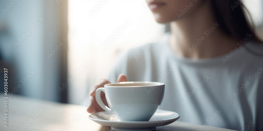 Close up of woman drinking coffee at home Close up of woman drinking coffee at home