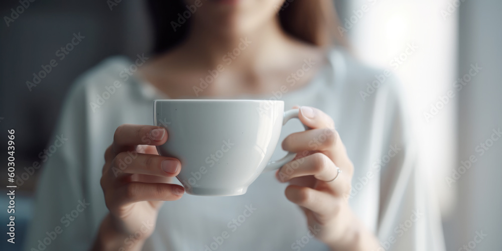 Close up of woman drinking coffee at home Close up of woman drinking coffee at home