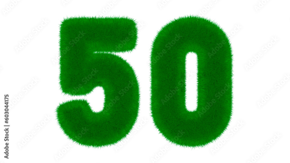 Number 50 from natural green font in the form of grass on an isolated white background. 3d render illustration. Number 50 from natural green font in the form of grass on an isolated white background. 3d render illustration.