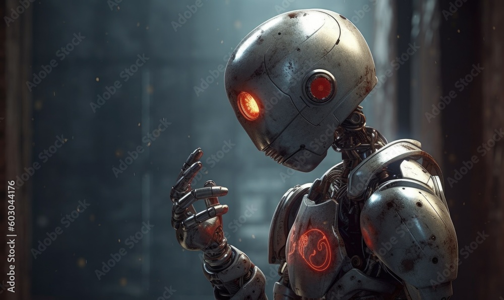 Metal robot being self-reflective — Generative AI Metal robot being self-reflective — Generative AI