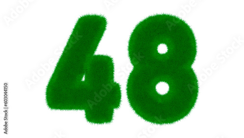 Number 48 from natural green font in the form of grass on an isolated white background. 3d render illustration. photo