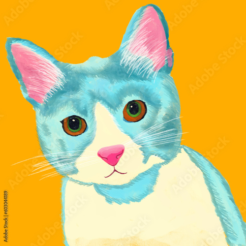 Cabeza de gato ilustración creativa sobre fondo colorido Lindo gatito azul observándote photo