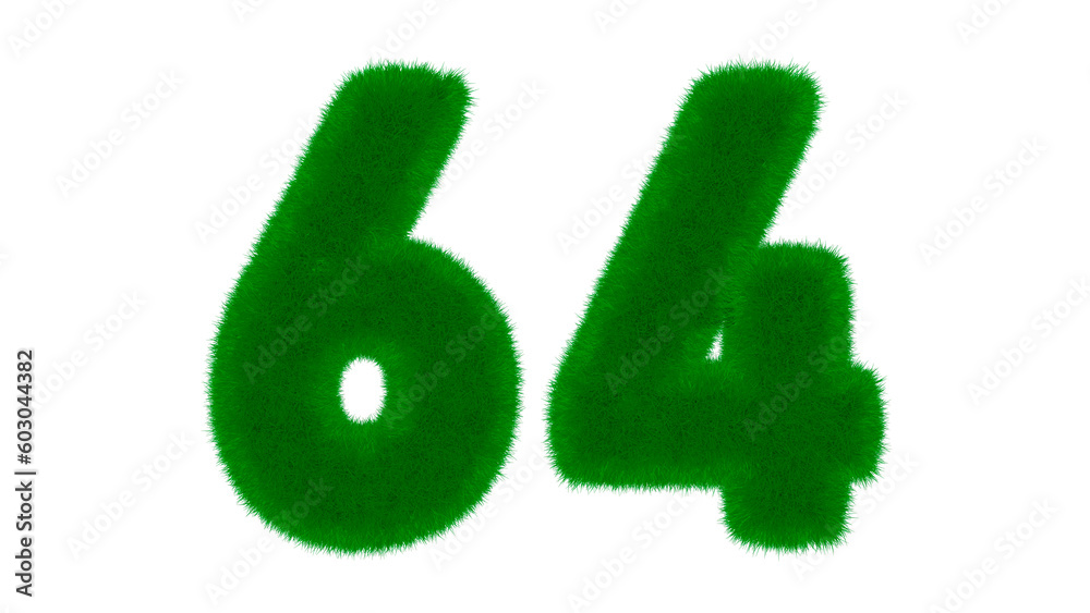 Number 64 from natural green font in the form of grass on an isolated white background. 3d render illustration. Number 64 from natural green font in the form of grass on an isolated white background. 3d render illustration.