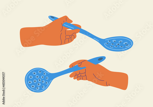 People hands with skimmer spoon close up vector illustration. Palms using perforated spoon flat style drawing Isolated