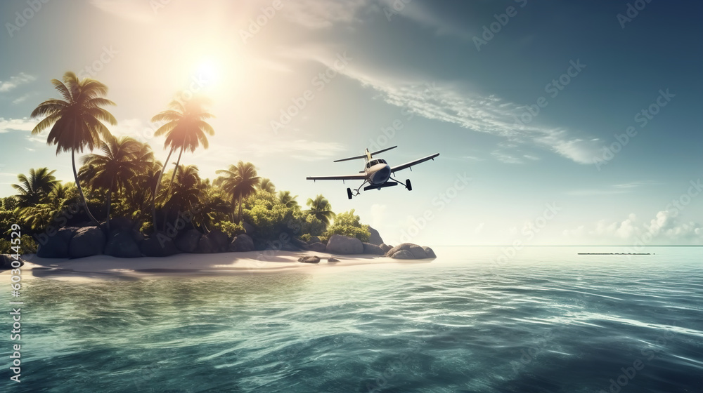 The plane flies over a beautiful sea with an island next to it with a beautiful beach with palm trees