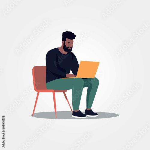 handsome man sitting working on his laptop, vector illustration
