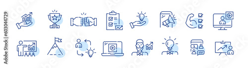 Coaching and mentoring. Business success strategies. Pixel perfect, editable stroke line icons set