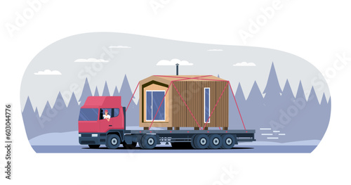 A big truck transports a ready-made modular house. Vector illustration.