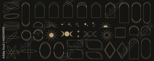 Set of minimalistic linear arch frames in trendy modern minimalist Y2k aesthetic style. Abstract vector design outline elements - sun, moon, star, sparkle, geometric form for banner, social media