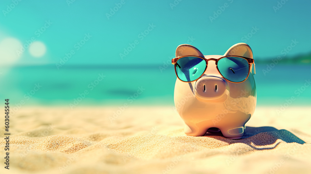 hucha cerdito con gafas de sol en la arena e la playa en verano, con espacio vacio para publicidad