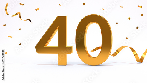 Happy 40 birthday party celebration. Gold numbers with glitter gold confetti, serpentine. Festive background. Decoration for party event. One year jubilee celebration. 3d render illustration.