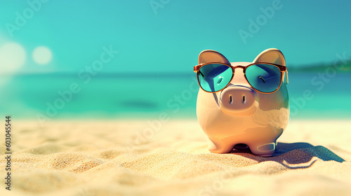 hucha cerdito con gafas de sol en la arena e la playa en verano, con espacio vacio para publicidad