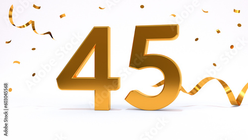 Happy 45 birthday party celebration. Gold numbers with glitter gold confetti, serpentine. Festive background. Decoration for party event. One year jubilee celebration. 3d render illustration.