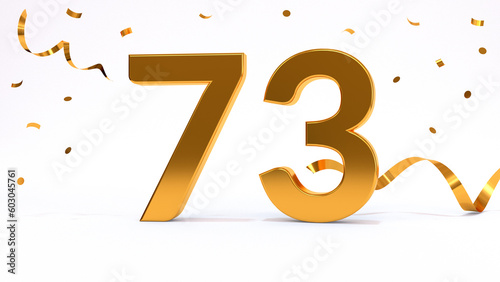 Happy 73 birthday party celebration. Gold numbers with glitter gold confetti, serpentine. Festive background. Decoration for party event. One year jubilee celebration. 3d render illustration. photo