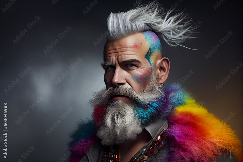 Portrait of a bad brutal mature Santa Claus on black background Generative AI