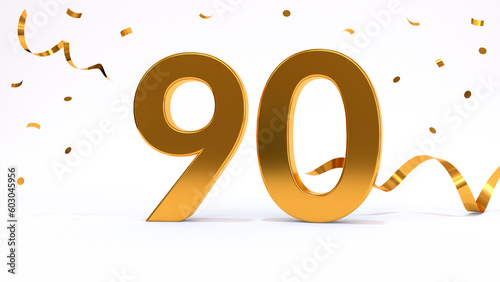 Happy 90 birthday party celebration. Gold numbers with glitter gold confetti, serpentine. Festive background. Decoration for party event. One year jubilee celebration. 3d render illustration. photo