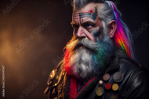 Portrait of a bad brutal mature Santa Claus on black background Generative AI