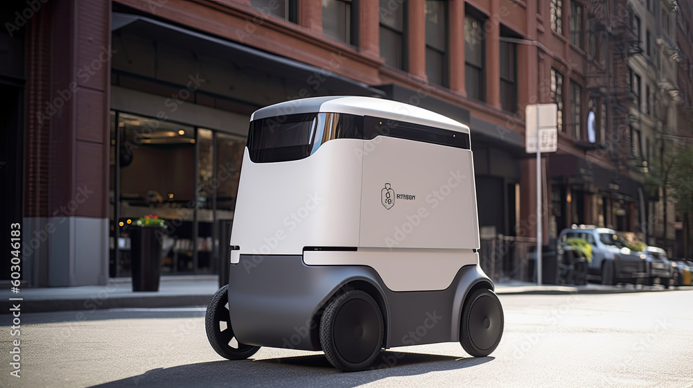 Starship food delivery robot is driving on the sidewalk, Robots are delivering food from post. Generative AI